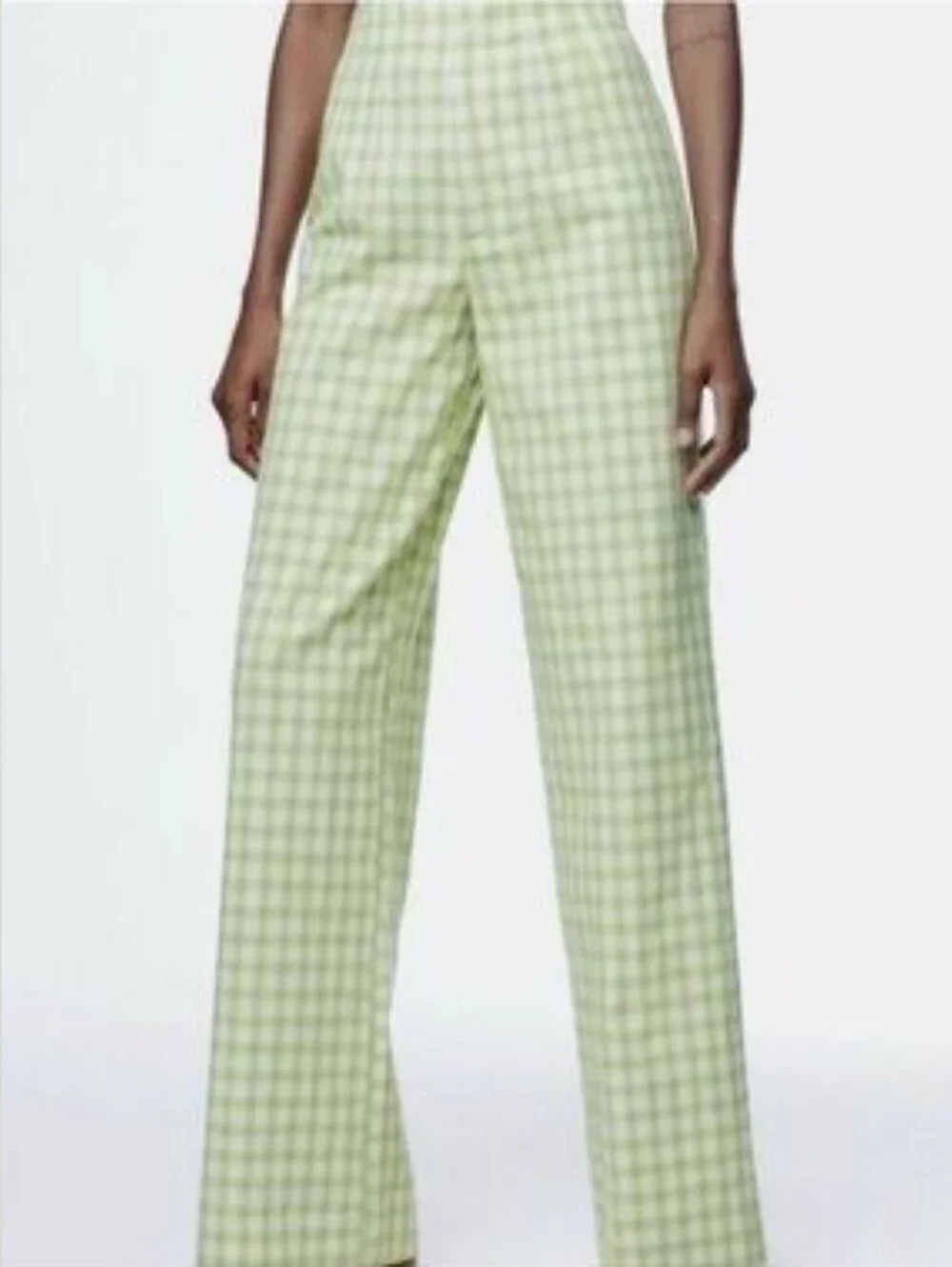 Zara Green And White Gingham Wide Leg Pants